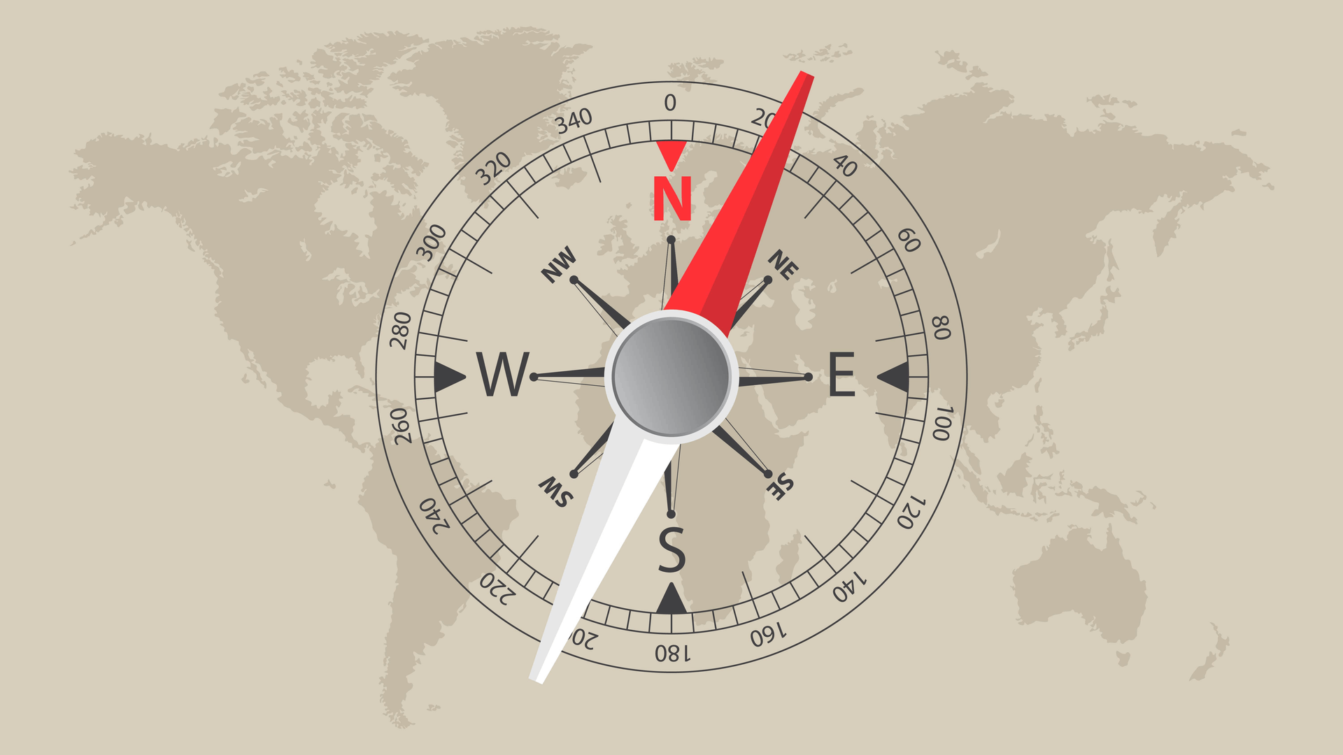 <p>Na kompasu se strane sveta obeležavaju skraćenicama, na engleskom jeziku.</p>
<p>N (north - sever)<br />S (south - jug)<br />E (east - istok)<br />W (west - zapad)</p>