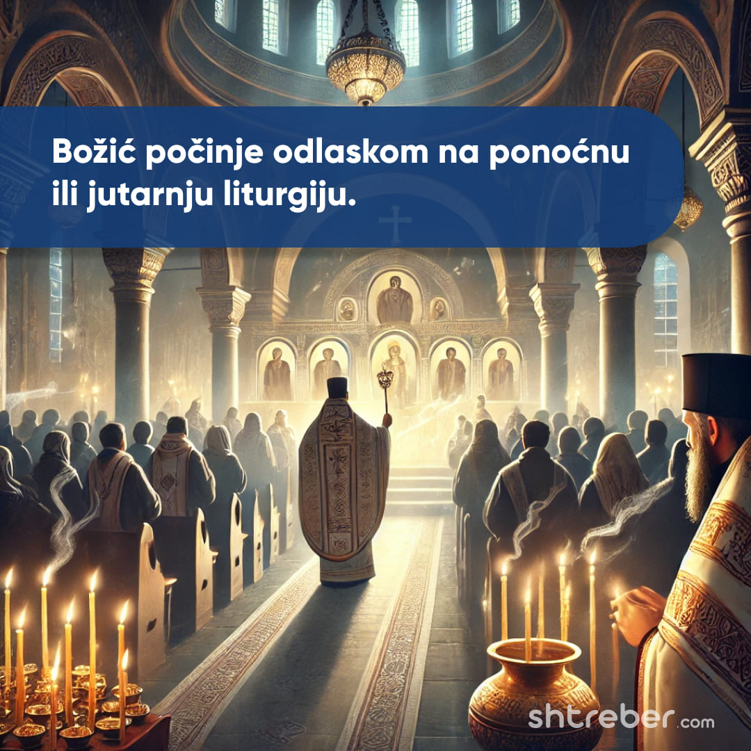 <p style="text-align: left;"><span style="color: #fe5c36;"><strong>Crkvena liturgija</strong></span></p>
<p style="text-align: left;"><span style="color: #ffffff;">Praznik počinje odlaskom na ponoćnu ili jutarnju liturgiju.</span></p>
<p style="text-align: left;"><span style="color: #ffffff;"><span style="color: #8ac759;"><strong>&Scaron;ta simbolizuje?</strong></span> Zajedni&scaron;tvo vernika i molitva za mir i blagostanje.</span></p>